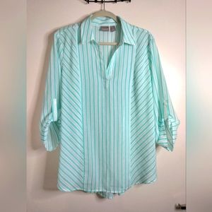 Chico's (Size 2/L/12) Aqua Blue Stripe V-Neck Cut Roll Tab Sleeve Popover Top